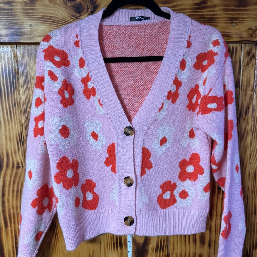Vibrant Pink and Red Floral Cardigan Sweater One size made in USA